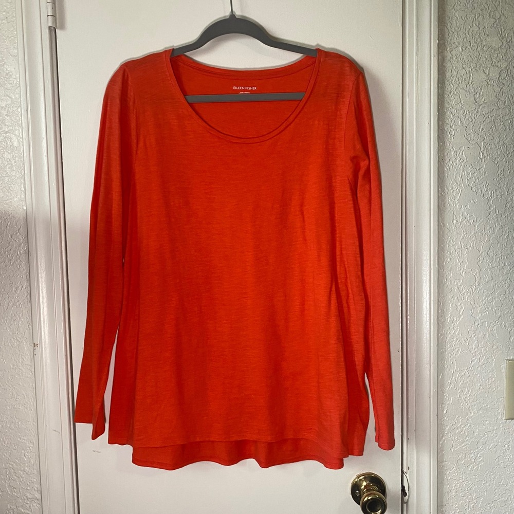 Eileen Fisher M Medium Orange Long Sleeve Scoop Neck Organic Cotton Top‎